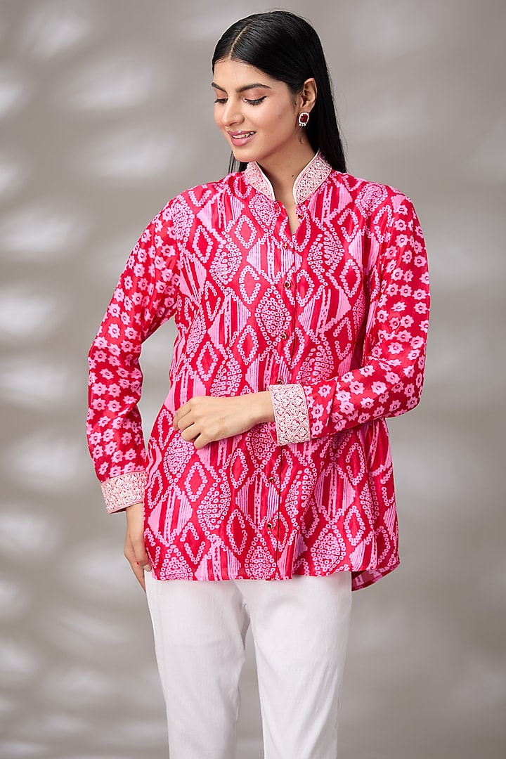 Red Kora Silk Floral Hand Embroidered & Block Printed Shirt by Prisha's
