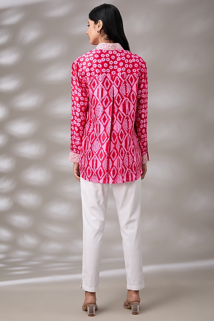 Red Kora Silk Floral Hand Embroidered & Block Printed Shirt by Prisha's at Pernia's Pop Up Shop