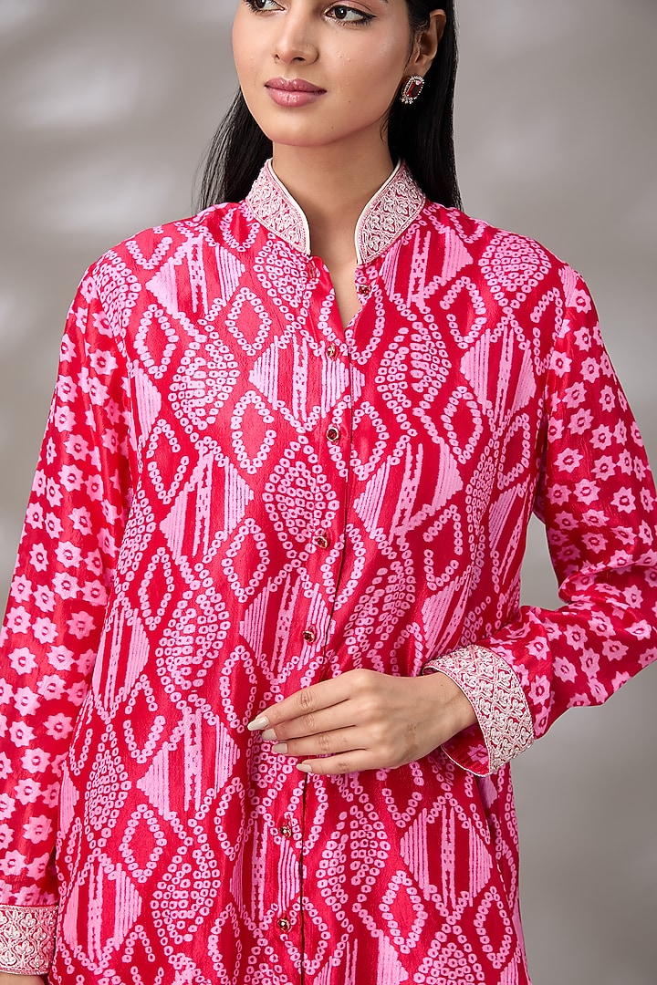 Red Kora Silk Floral Hand Embroidered & Block Printed Shirt by Prisha's at Pernia's Pop Up Shop