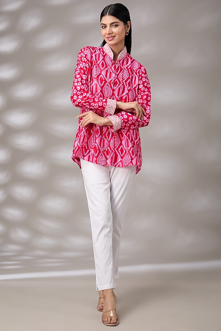 Red Kora Silk Floral Hand Embroidered & Block Printed Shirt by Prisha's at Pernia's Pop Up Shop