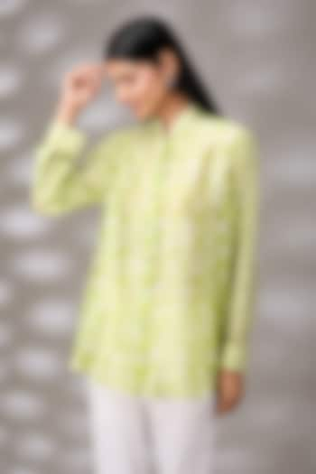 Green Kora Silk Floral Hand Embroidered & Block Printed Shirt by Prisha's