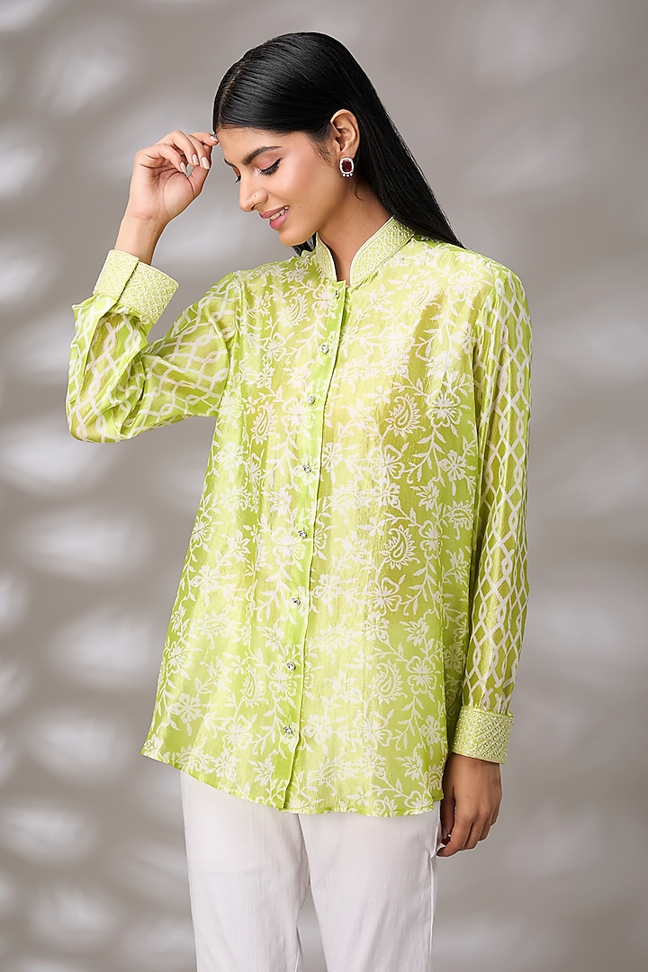 Green Kora Silk Floral Hand Embroidered & Block Printed Shirt by Prisha's