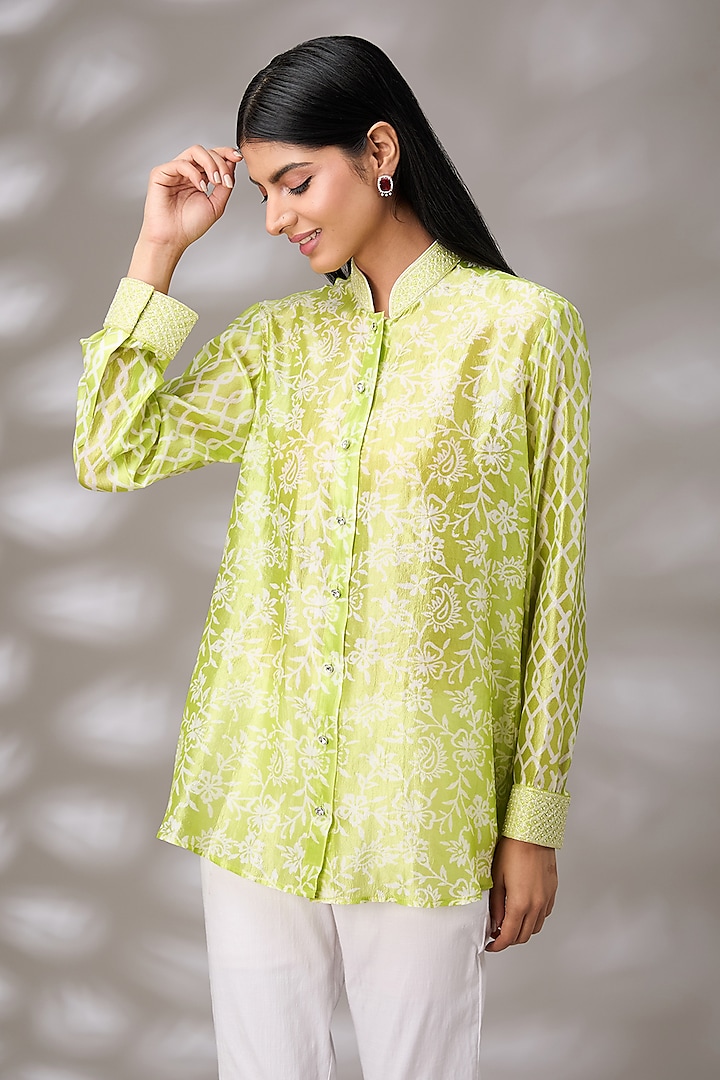 Green Kora Silk Floral Hand Embroidered & Block Printed Shirt by Prisha's at Pernia's Pop Up Shop