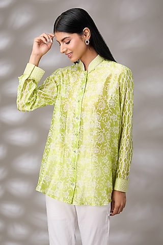 Green Kora Silk Floral Hand Embroidered & Block Printed Shirt by Prisha's