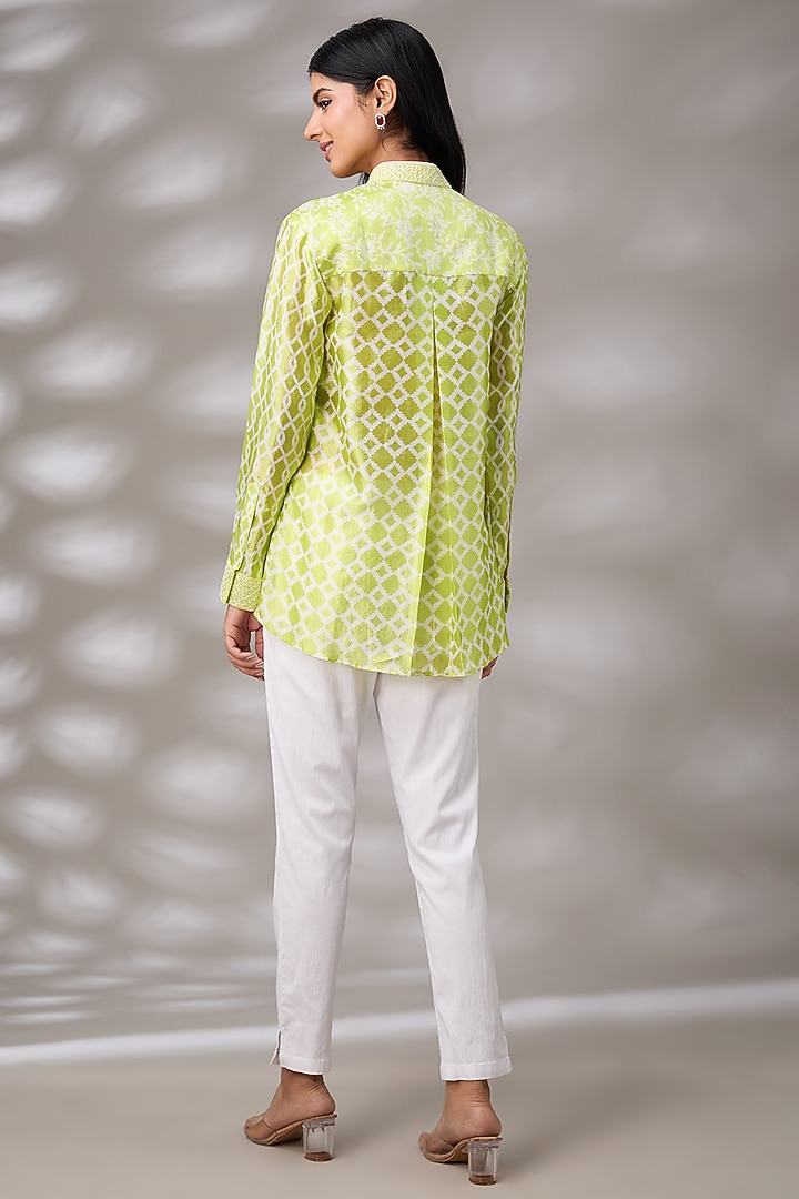 Green Kora Silk Floral Hand Embroidered & Block Printed Shirt by Prisha's at Pernia's Pop Up Shop