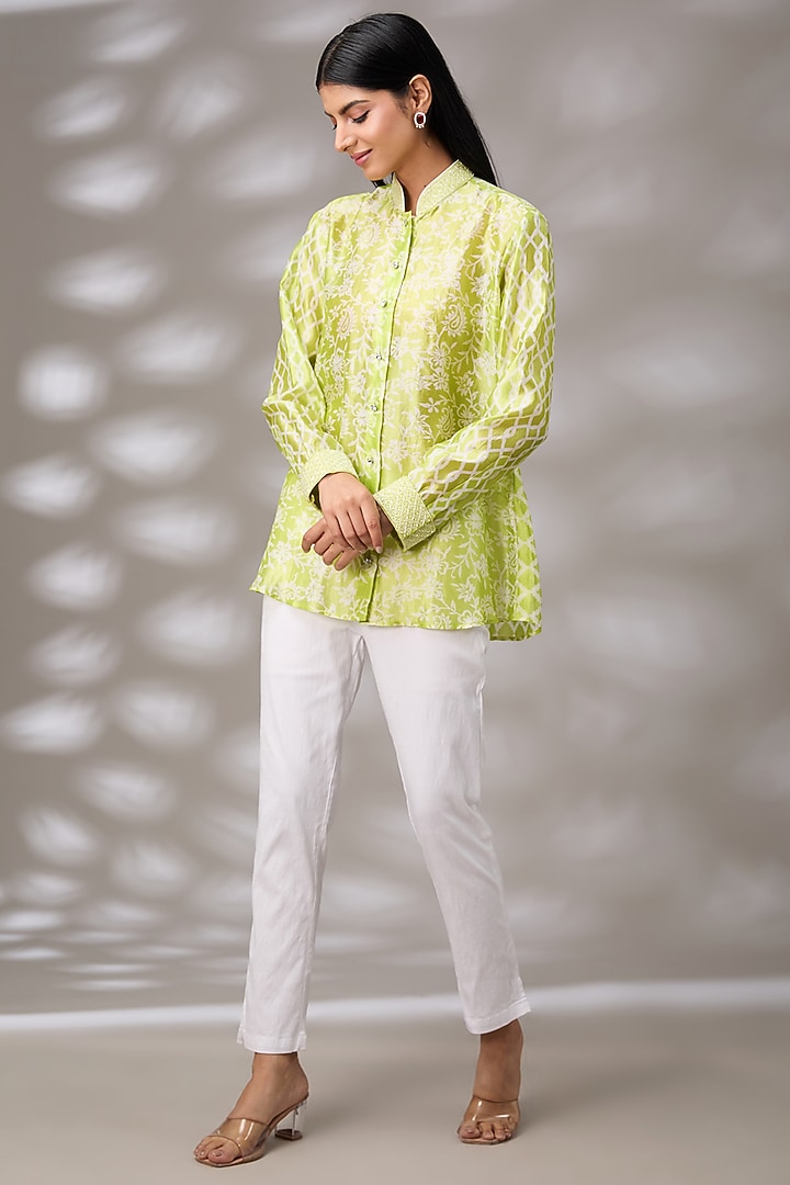 Green Kora Silk Floral Hand Embroidered & Block Printed Shirt by Prisha's at Pernia's Pop Up Shop