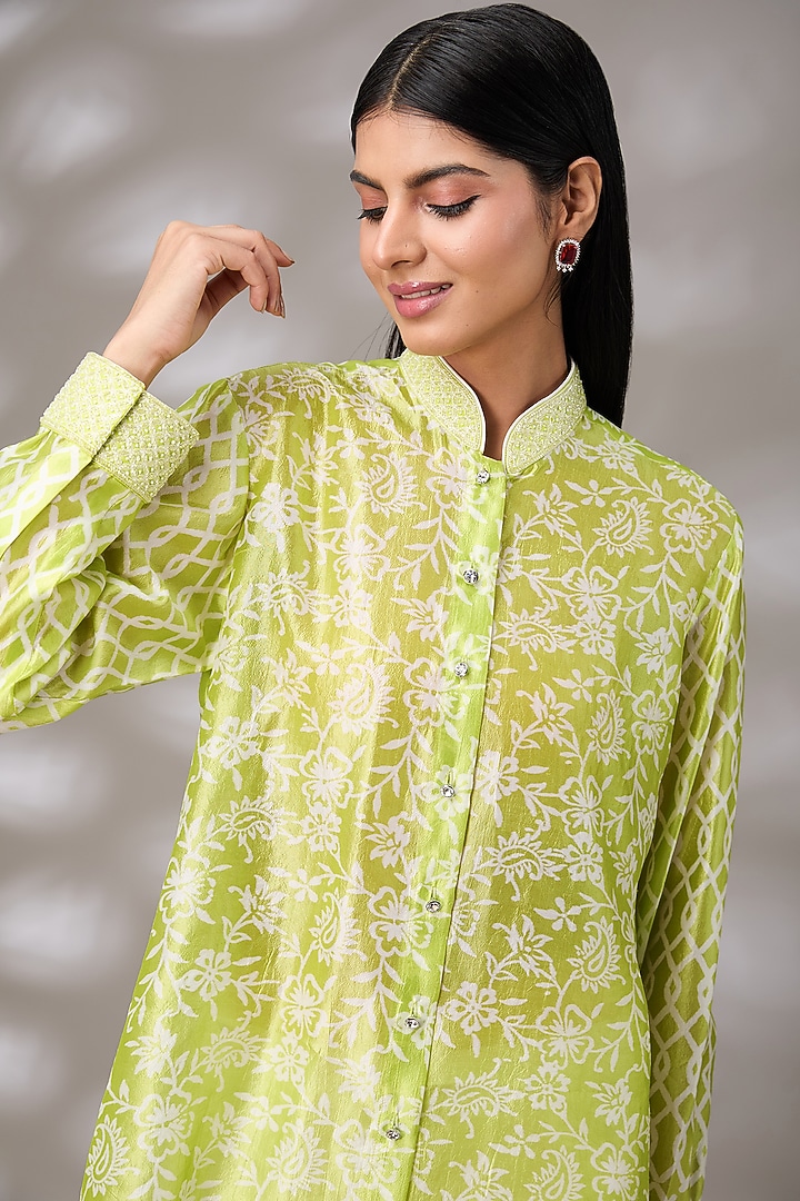 Green Kora Silk Floral Hand Embroidered & Block Printed Shirt by Prisha's at Pernia's Pop Up Shop