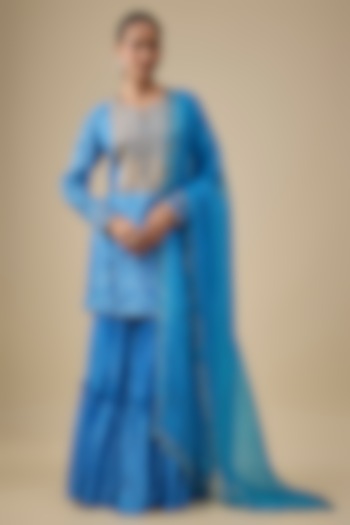 Blue Kora Silk Zardosi Embroidered & Printed Wedding Sharara Set by Prisha's at Pernia's Pop Up Shop