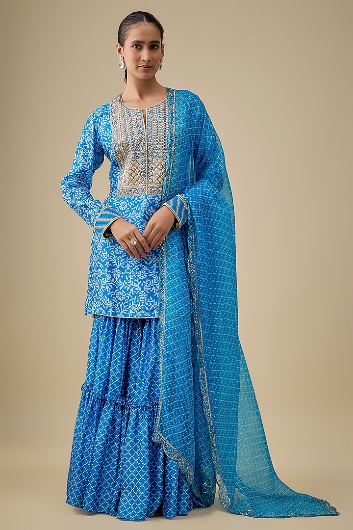 Blue Kora Silk Zardosi Embroidered & Printed Wedding Sharara Set by Prisha's at Pernia's Pop Up Shop