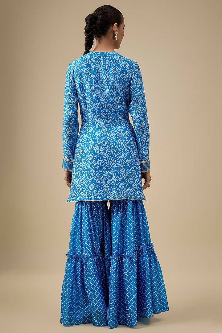 Blue Kora Silk Zardosi Embroidered & Printed Wedding Sharara Set by Prisha's at Pernia's Pop Up Shop
