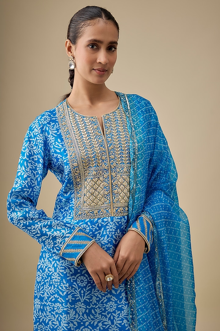 Blue Kora Silk Zardosi Embroidered & Printed Wedding Sharara Set by Prisha's at Pernia's Pop Up Shop
