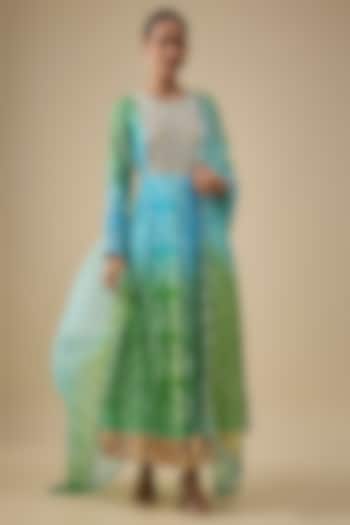 Multi-Colored Kora Silk Printed & Mirror Embroidered Kurta Set by Prisha's at Pernia's Pop Up Shop