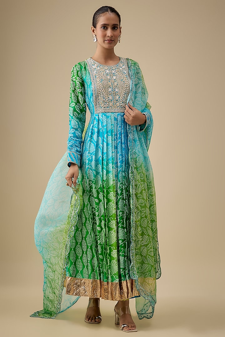Multi-Colored Kora Silk Printed & Mirror Embroidered Kurta Set by Prisha's at Pernia's Pop Up Shop