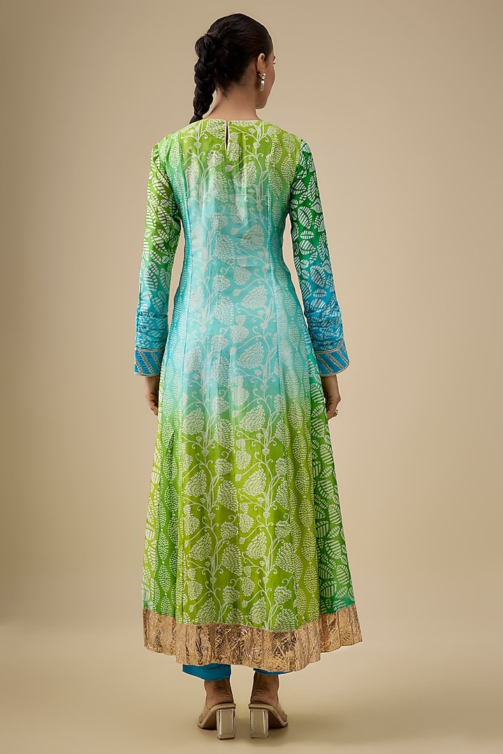 Multi-Colored Kora Silk Printed & Mirror Embroidered Kurta Set by Prisha's at Pernia's Pop Up Shop