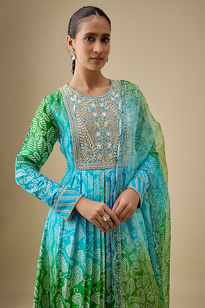 Multi-Colored Kora Silk Printed & Mirror Embroidered Kurta Set by Prisha's at Pernia's Pop Up Shop