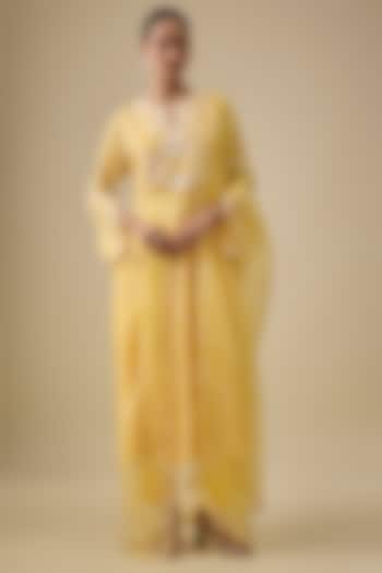 Yellow Kora Silk Printed & Cutdana Embroidered Kurta Set by Prisha's at Pernia's Pop Up Shop