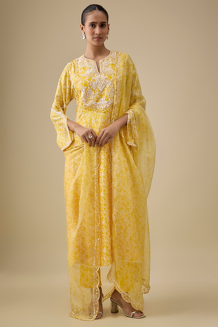 Yellow Kora Silk Printed & Cutdana Embroidered Kurta Set by Prisha's at Pernia's Pop Up Shop