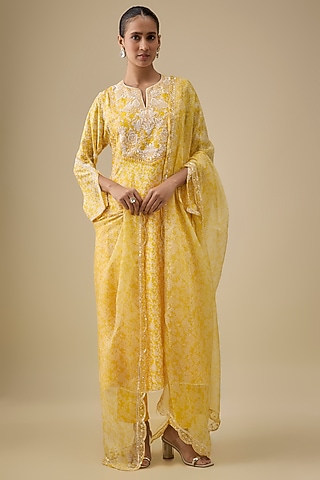 Yellow Kora Silk Printed & Cutdana Embroidered Kurta Set by Prisha's