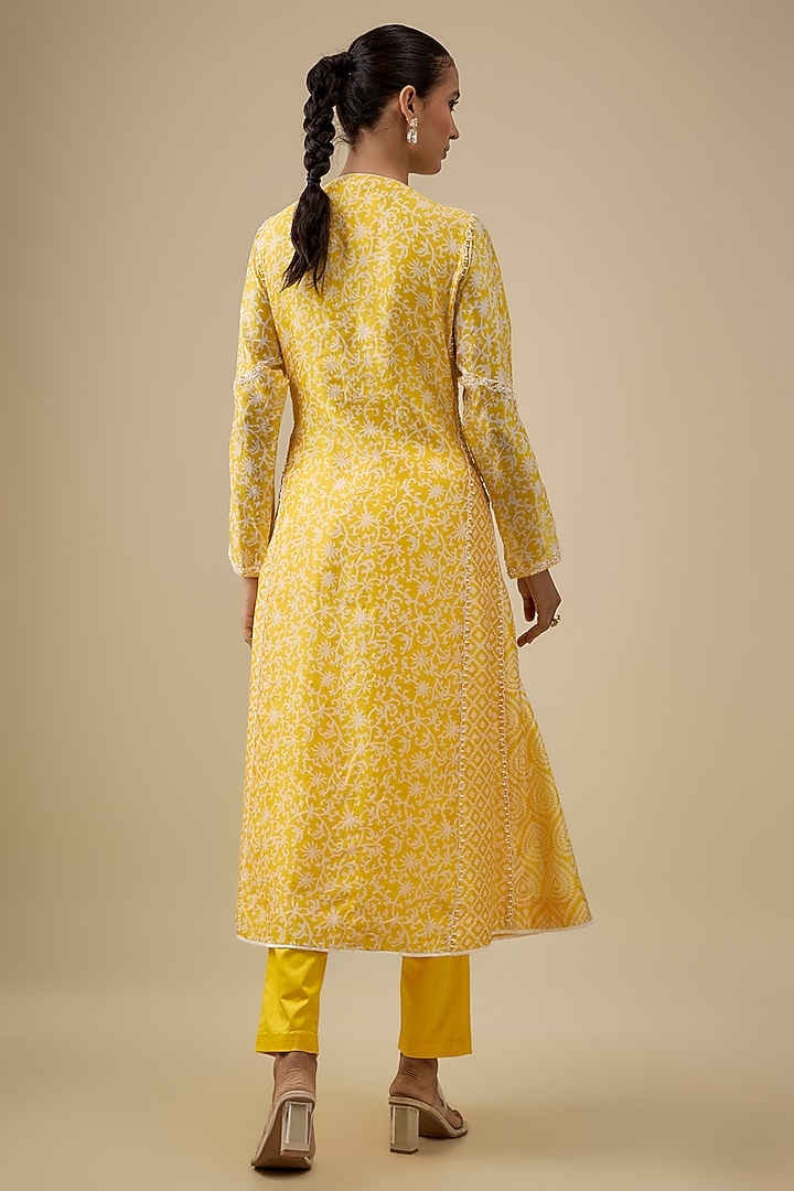 Yellow Kora Silk Printed & Cutdana Embroidered Kurta Set by Prisha's at Pernia's Pop Up Shop
