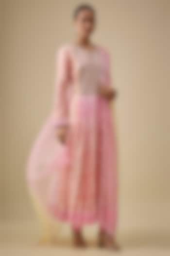 Peach Pink Kora Silk Printed & Floral Embroidered Kurta Set by Prisha's at Pernia's Pop Up Shop