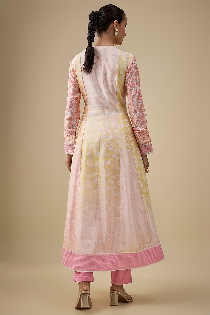 Peach Pink Kora Silk Printed & Floral Embroidered Kurta Set by Prisha's at Pernia's Pop Up Shop