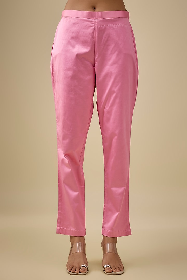 Peach Pink Kora Silk Printed & Floral Embroidered Kurta Set by Prisha's at Pernia's Pop Up Shop