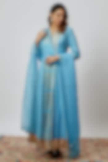 Blue Silk Floral Printed & Zari Embroidered Wedding Anarkali Set by Prisha's at Pernia's Pop Up Shop