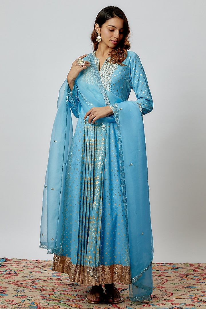 Blue Silk Floral Printed & Zari Embroidered Wedding Anarkali Set by Prisha's at Pernia's Pop Up Shop