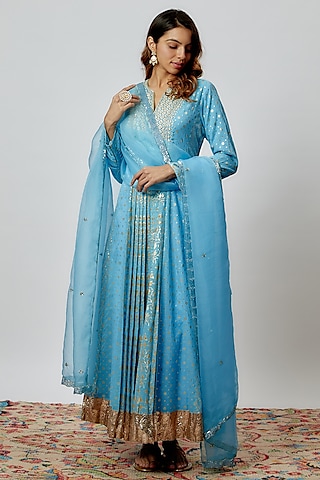 Blue Silk Floral Printed & Zari Embroidered Anarkali Set by Prisha's
