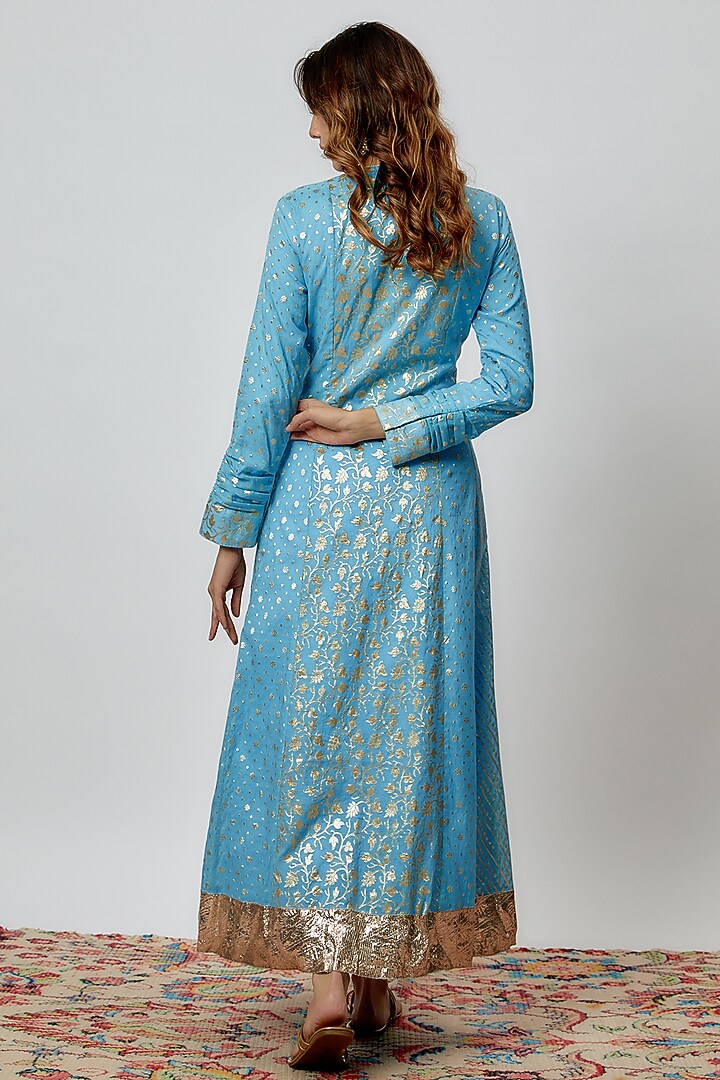 Blue Silk Floral Printed & Zari Embroidered Wedding Anarkali Set by Prisha's at Pernia's Pop Up Shop
