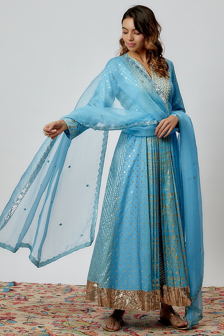 Blue Silk Floral Printed & Zari Embroidered Wedding Anarkali Set by Prisha's at Pernia's Pop Up Shop