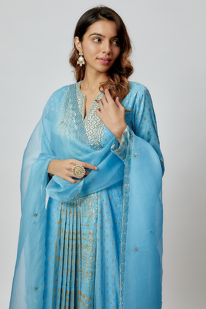 Blue Silk Floral Printed & Zari Embroidered Wedding Anarkali Set by Prisha's at Pernia's Pop Up Shop
