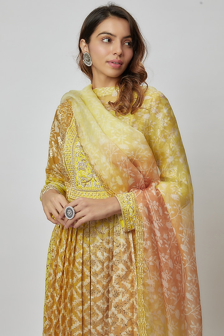 Mustard Silk Floral Geometric Printed & Sequins Embroidered Kurta Set by Prisha's at Pernia's Pop Up Shop