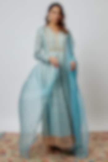 Sky Blue Silk Floral Printed & Zari Embroidered Wedding Anarkali Set by Prisha's at Pernia's Pop Up Shop