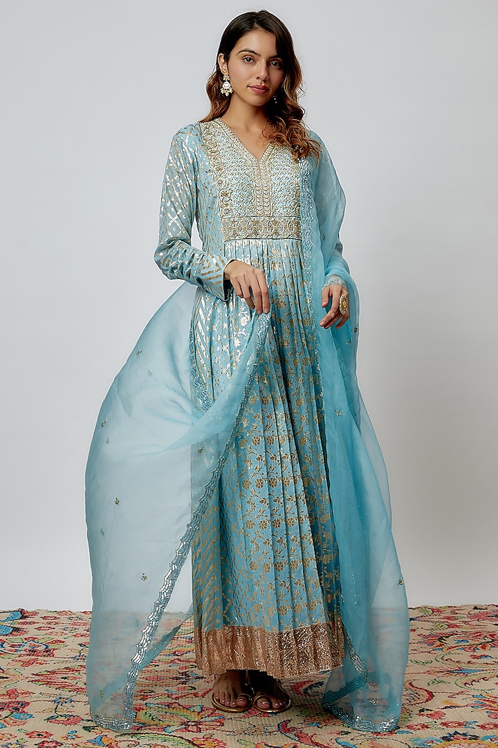 Sky Blue Silk Floral Printed & Zari Embroidered Wedding Anarkali Set by Prisha's at Pernia's Pop Up Shop