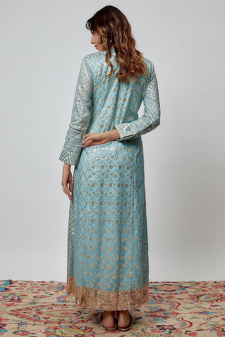 Sky Blue Silk Floral Printed & Zari Embroidered Wedding Anarkali Set by Prisha's at Pernia's Pop Up Shop