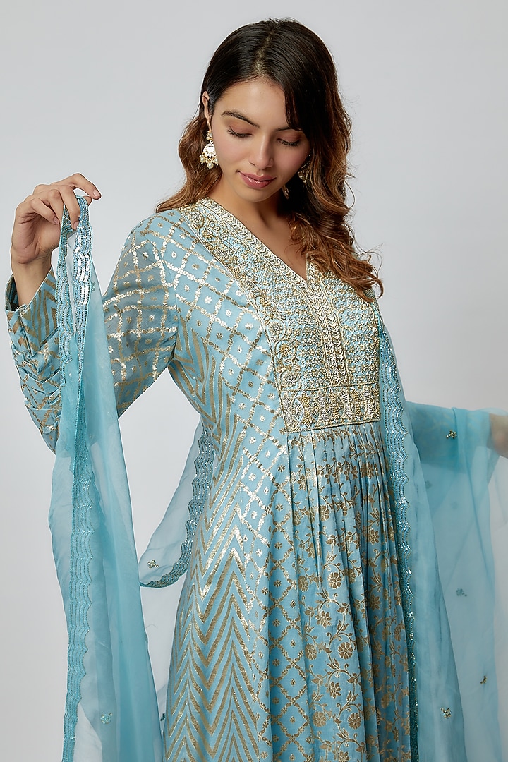 Sky Blue Silk Floral Printed & Zari Embroidered Wedding Anarkali Set by Prisha's at Pernia's Pop Up Shop