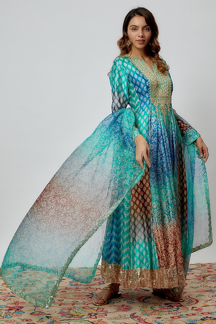 Blue Silk Floral Printed & Sequins Embroidered Wedding Anarkali Set by Prisha's at Pernia's Pop Up Shop