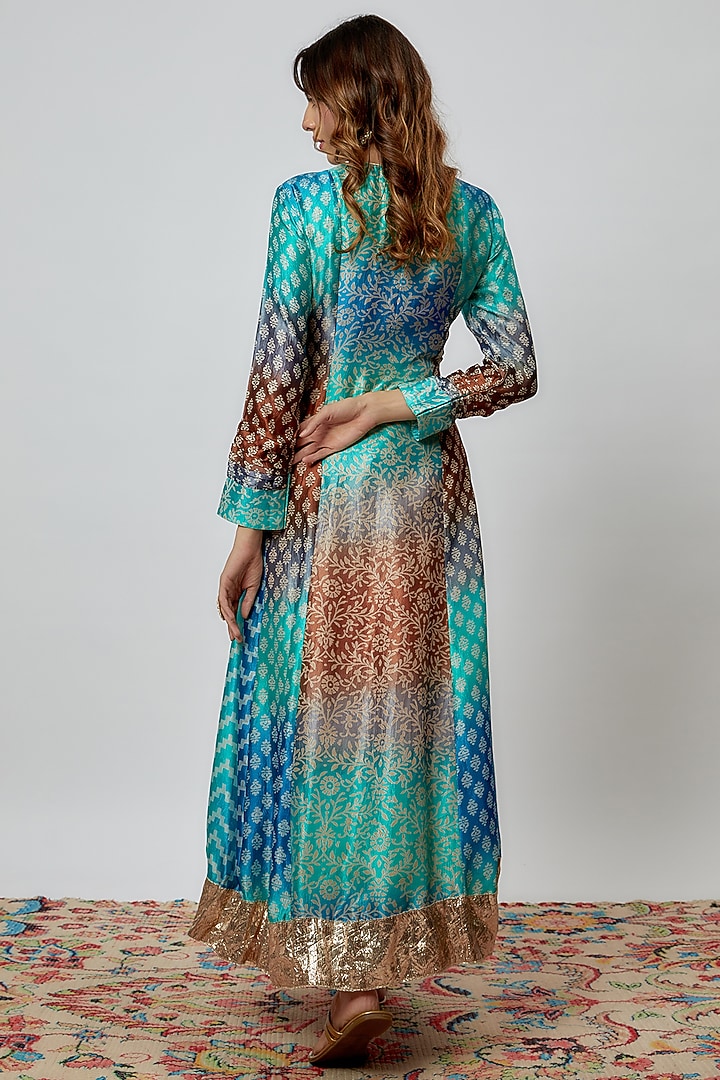 Blue Silk Floral Printed & Sequins Embroidered Wedding Anarkali Set by Prisha's at Pernia's Pop Up Shop