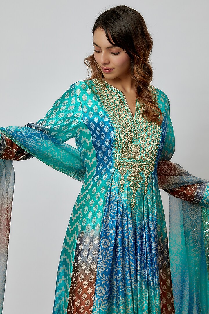 Blue Silk Floral Printed & Sequins Embroidered Wedding Anarkali Set by Prisha's at Pernia's Pop Up Shop