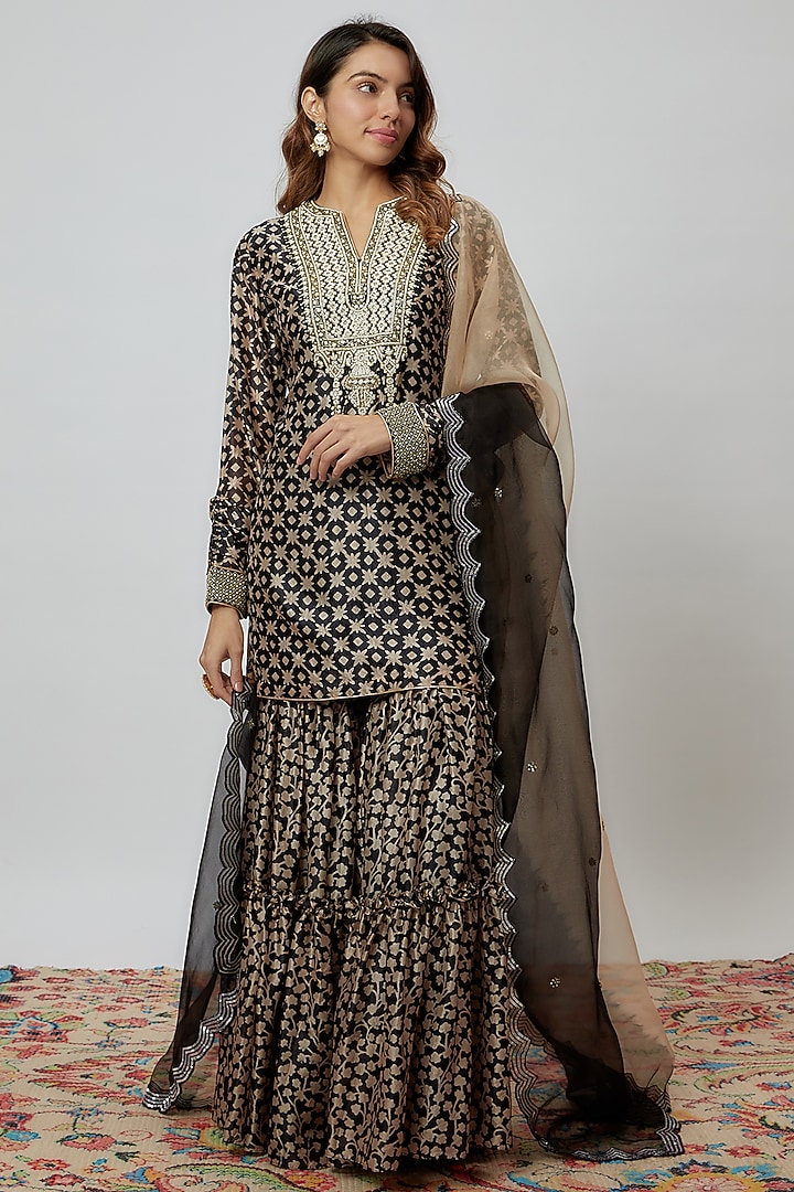 Black Silk Floral Printed Gharara Set by Prisha's at Pernia's Pop Up Shop