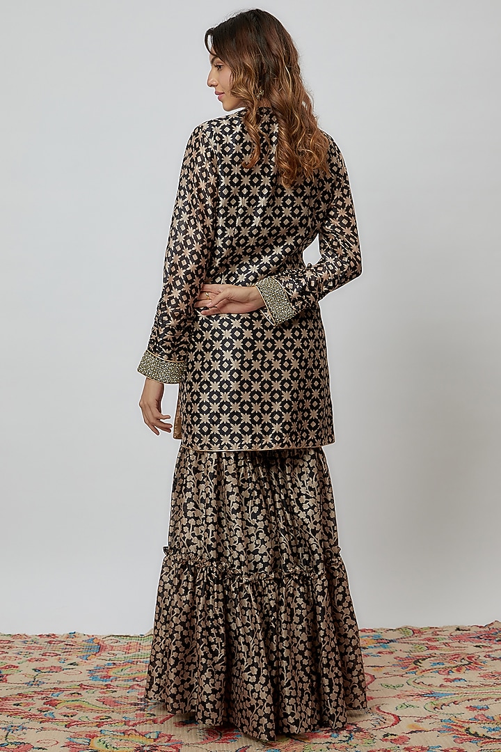 Black Silk Floral Printed Gharara Set by Prisha's at Pernia's Pop Up Shop