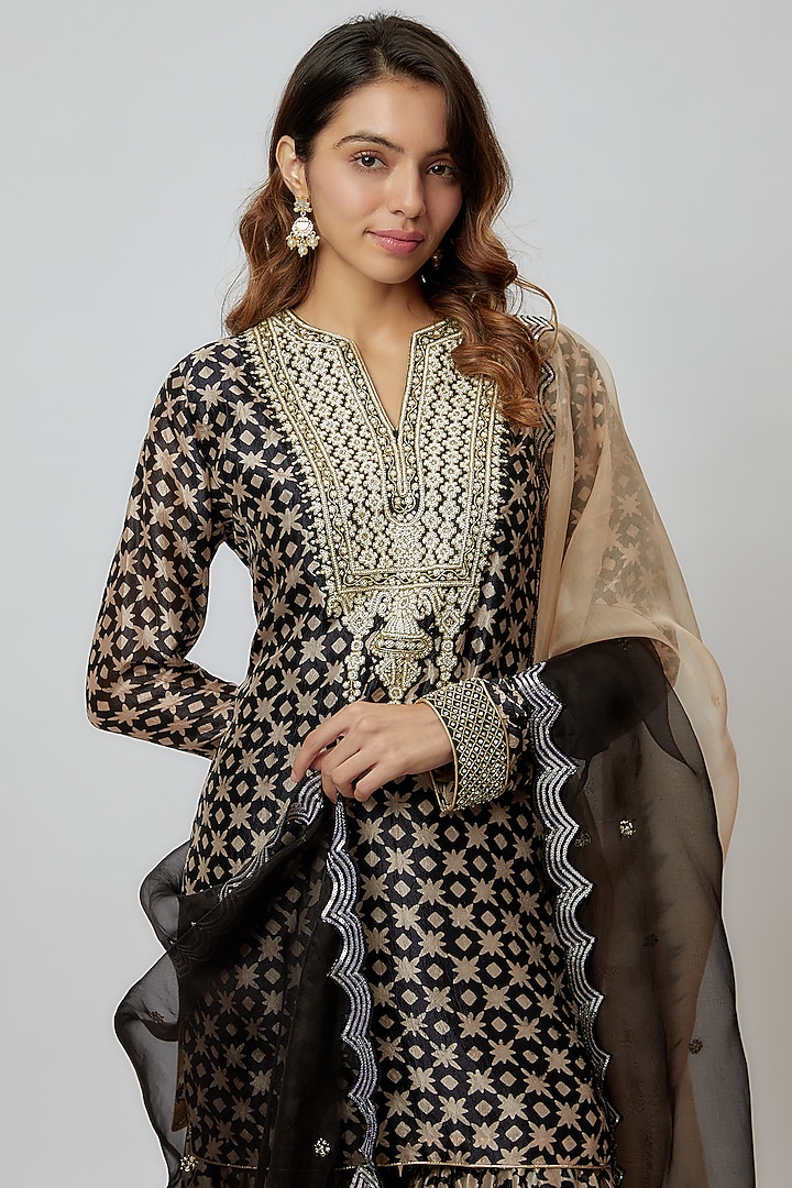 Black Silk Floral Printed Gharara Set by Prisha's at Pernia's Pop Up Shop