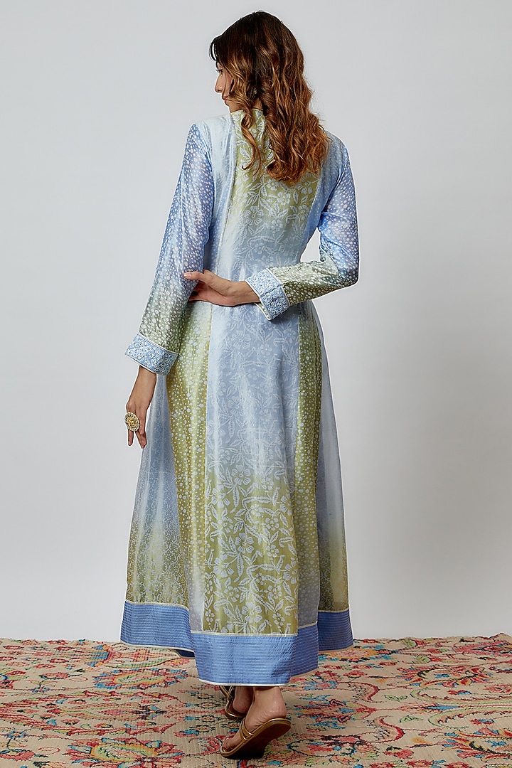Blue Silk Floral Geometric Printed & Cutdana Embroidered Kurta Set by Prisha's at Pernia's Pop Up Shop