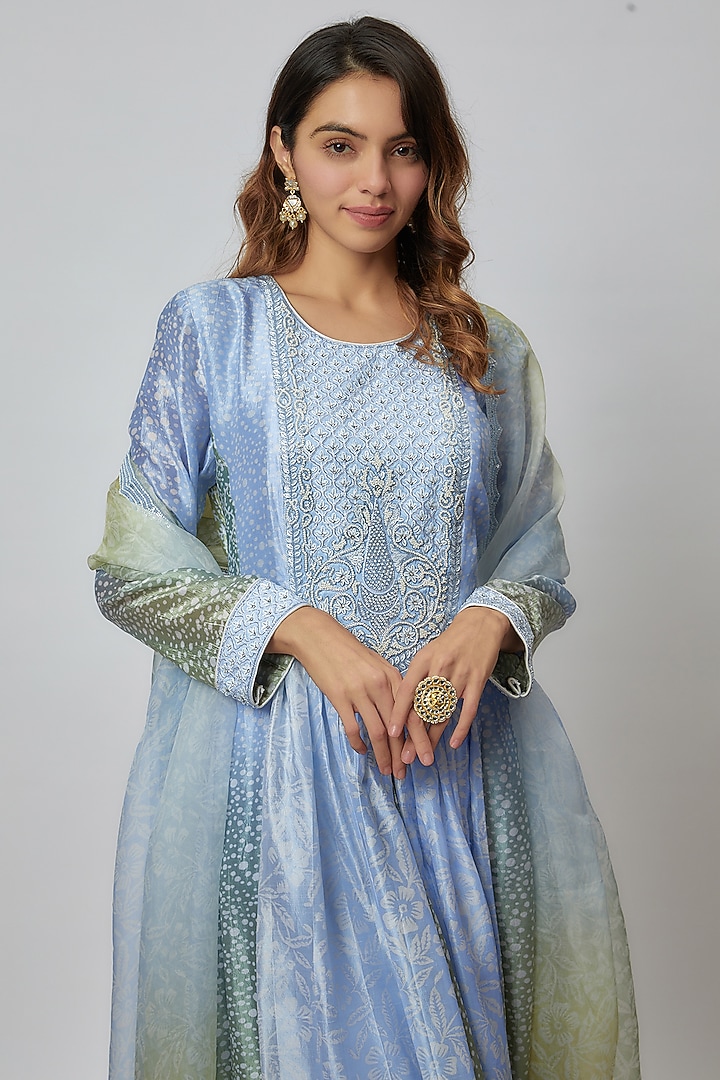 Blue Silk Floral Geometric Printed & Cutdana Embroidered Kurta Set by Prisha's at Pernia's Pop Up Shop