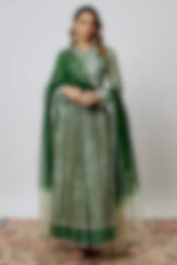 Green Silk Floral Printed & Hand Embroidered Wedding Anarkali Set by Prisha's at Pernia's Pop Up Shop