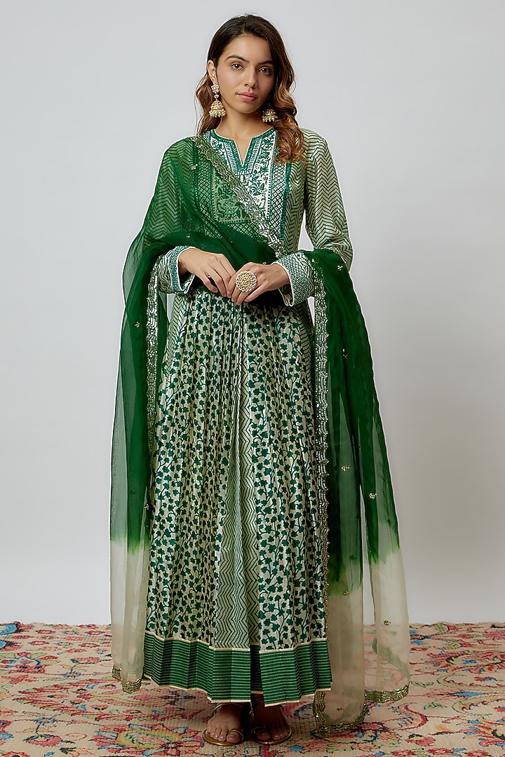 Green Silk Floral Printed & Hand Embroidered Wedding Anarkali Set by Prisha's at Pernia's Pop Up Shop