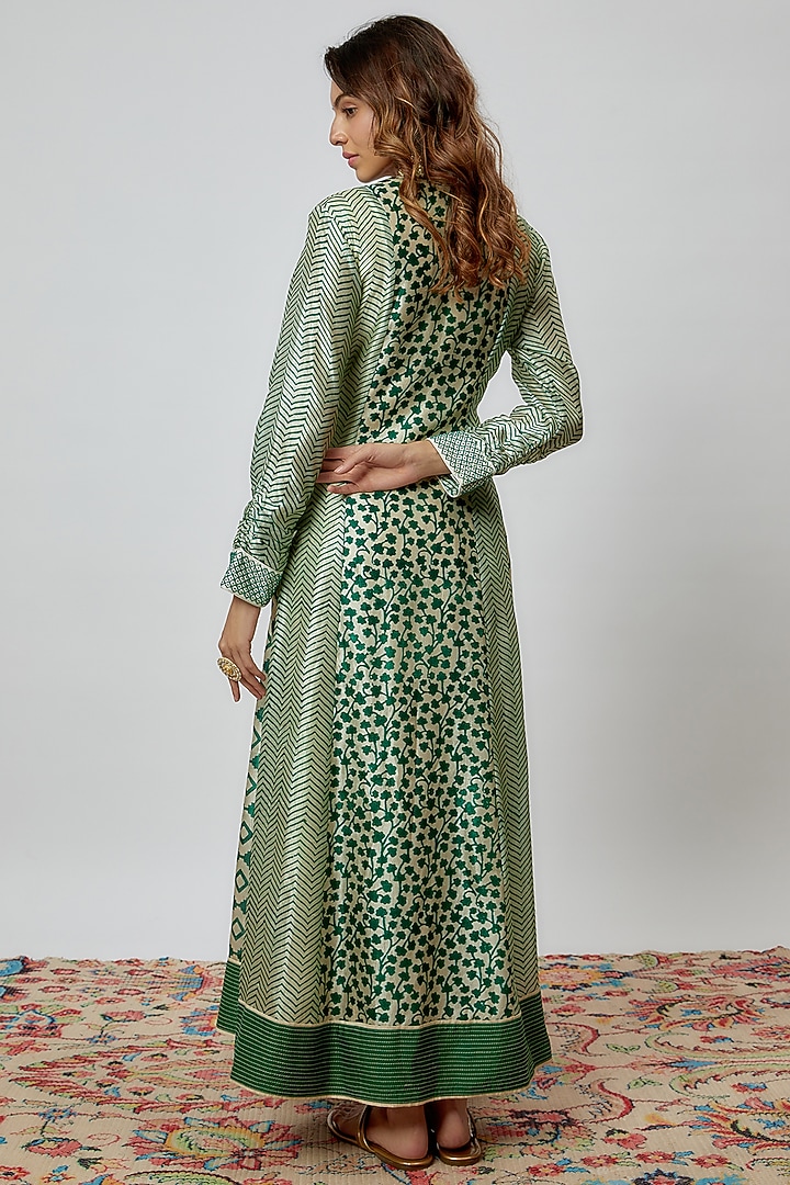 Green Silk Floral Printed & Hand Embroidered Wedding Anarkali Set by Prisha's at Pernia's Pop Up Shop