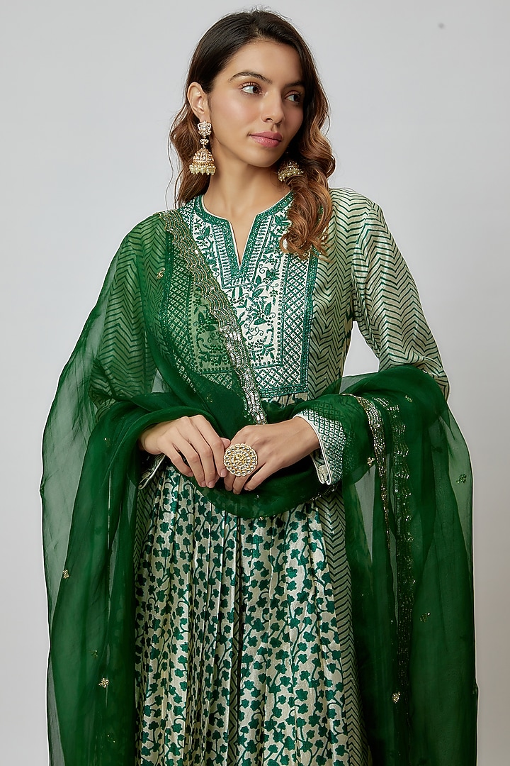 Green Silk Floral Printed & Hand Embroidered Wedding Anarkali Set by Prisha's at Pernia's Pop Up Shop
