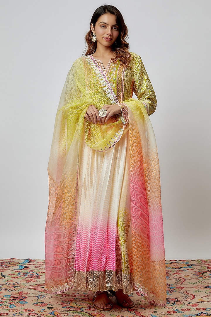 Multi-Colored Silk Floral Printed & Hand Embroidered Anarkali Set by Prisha's